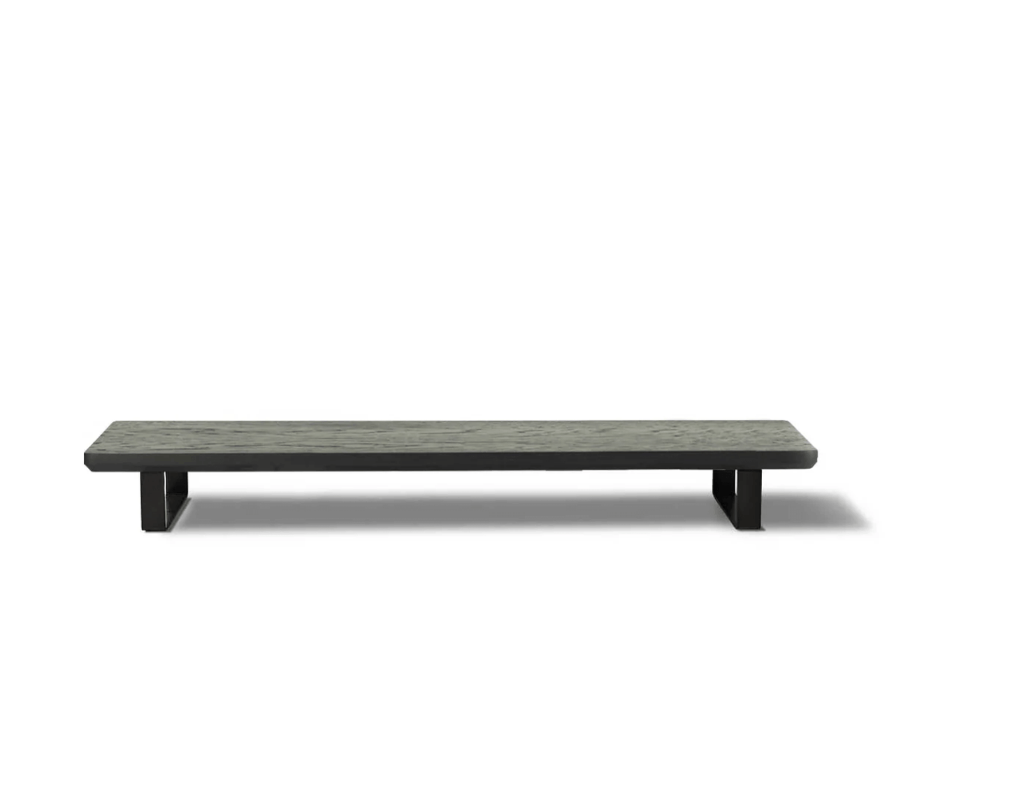 Minimalist Black monitor stand with black legs, isolated on white background.
