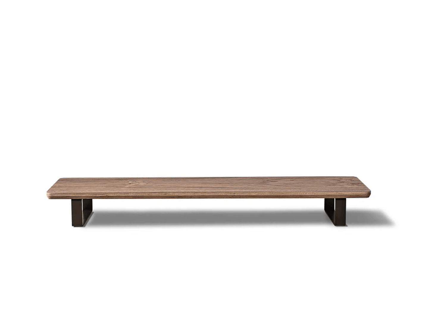 Minimalist wooden monitor stand with black metal legs, isolated on white background.