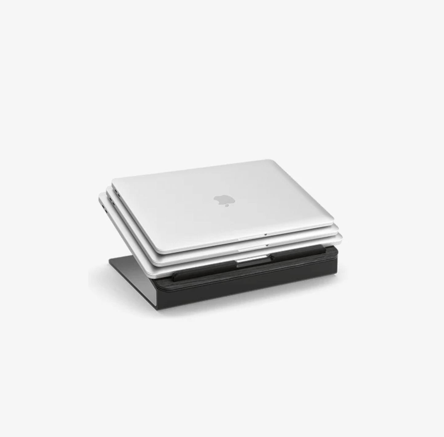Silver laptop on a black ergonomic laptop stand, classic laptop stand,