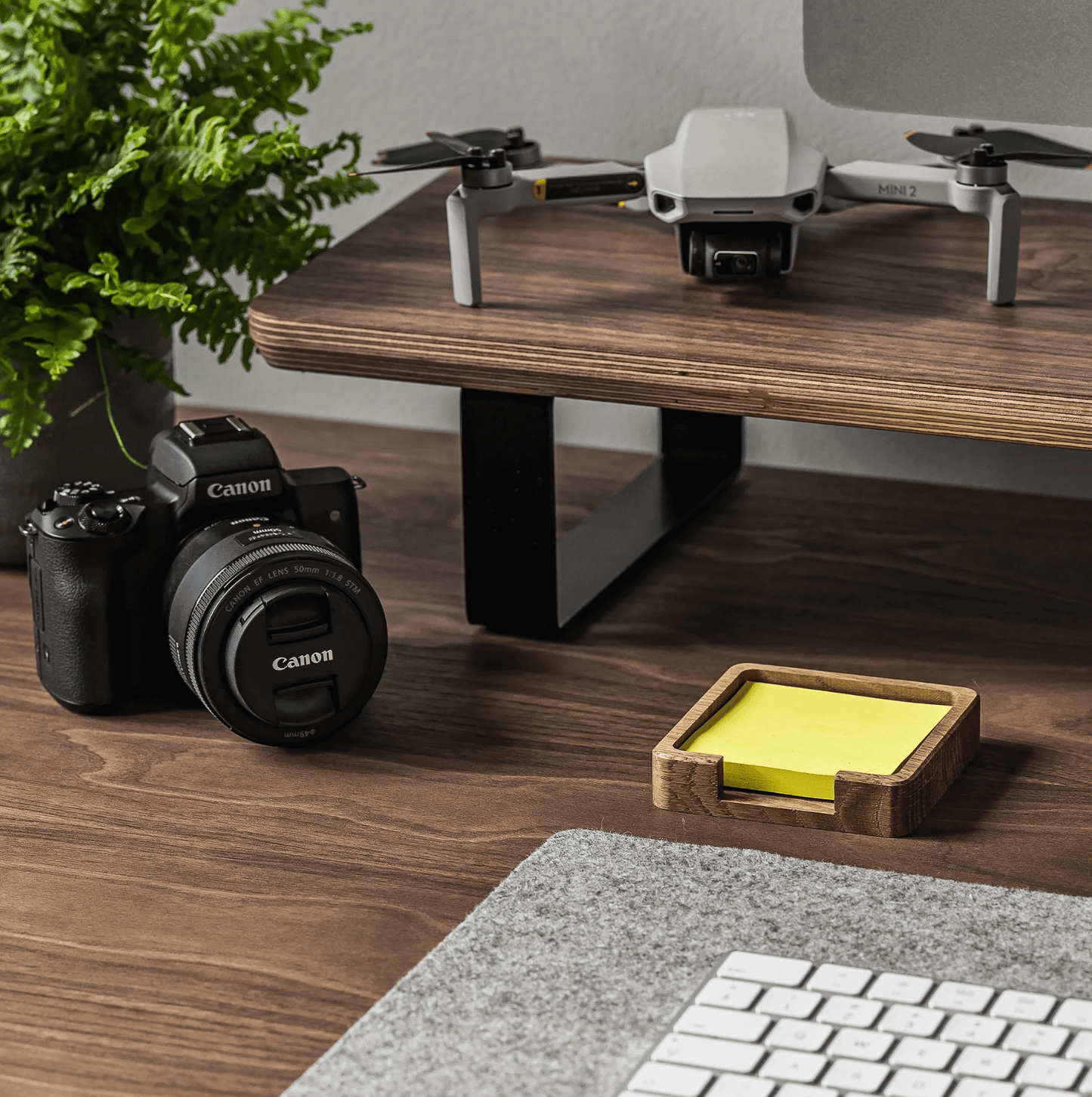 Walnut Monitoe Stand side angle shot with accessories Around