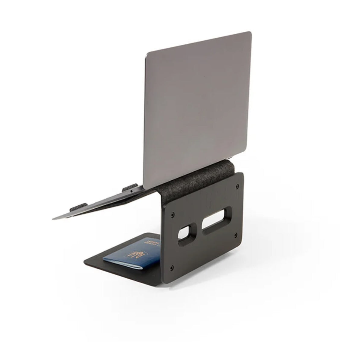 Black laptop stand with a laptop on a white background, back view of a tower laptop stand, laptop risers,