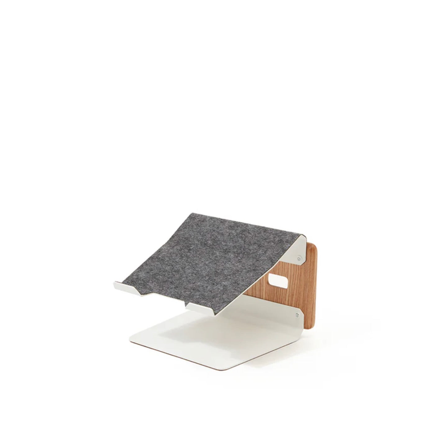 Desk Laptop stand with felt surface, white metal frame, and wooden back panel for ergonomic desk setup