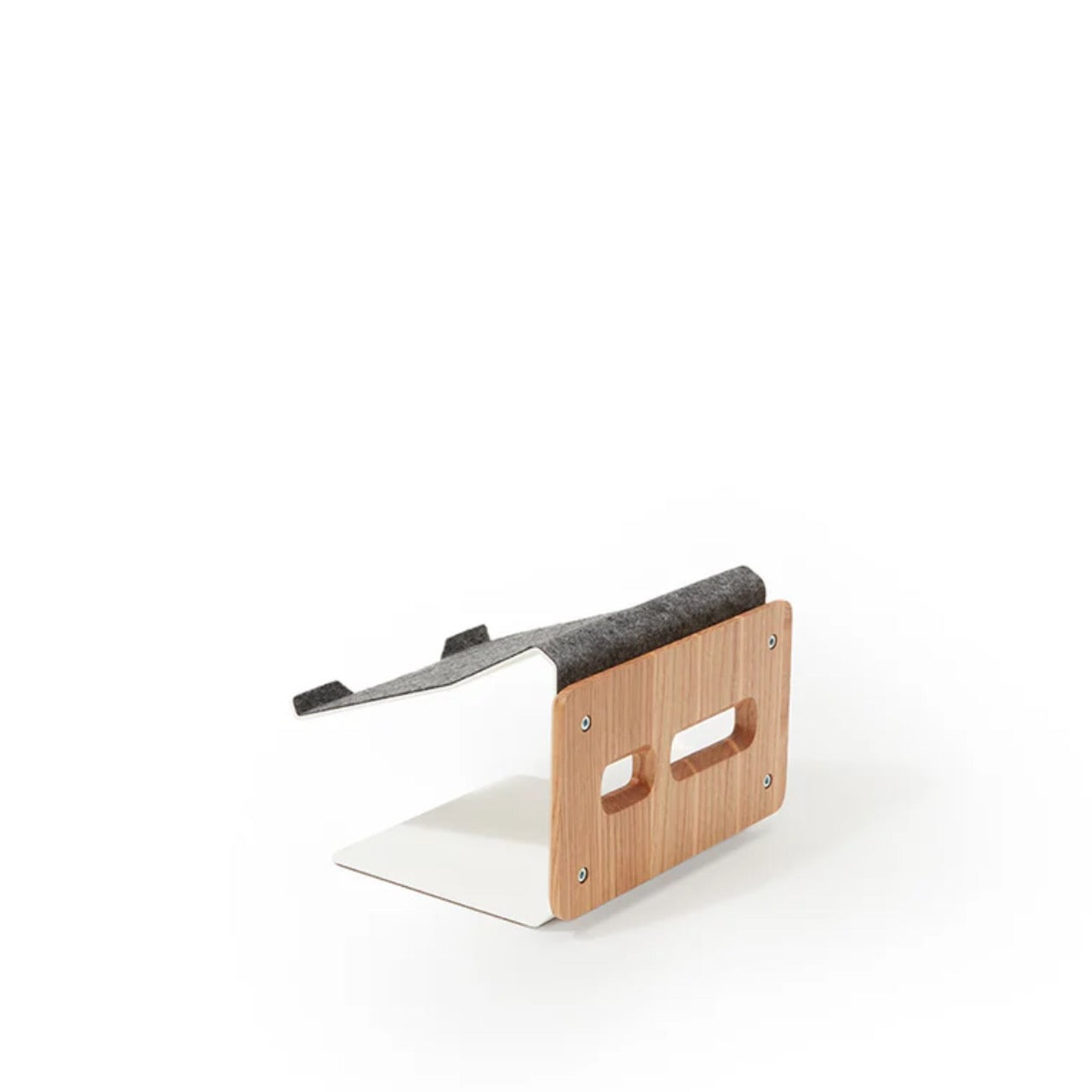 wooden Laptop stand with grey felt surface, wooden side panel, and white metal base in angled ergonomic design