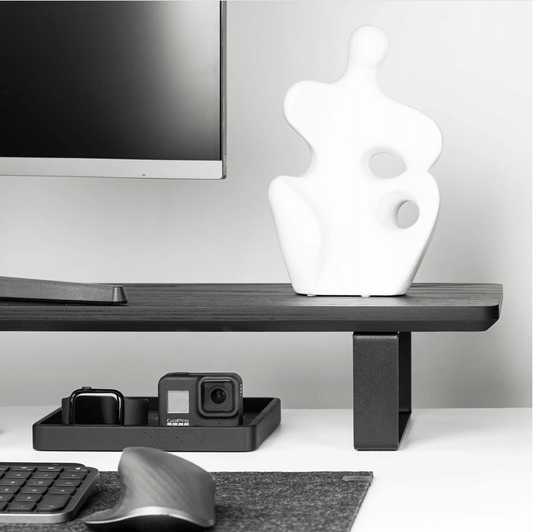 Black wooden Monitoe Stand side angle shot with storage underneath