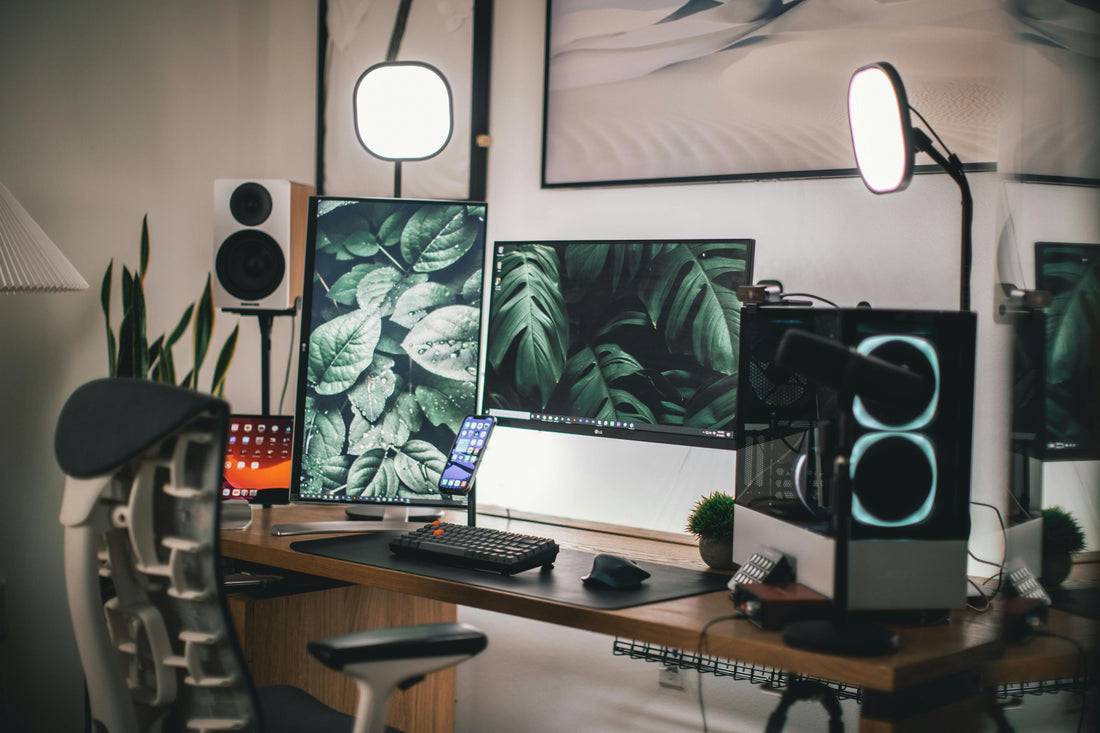 Kansoki walnut wooden monitor stand in a dual-monitor setup, elevating screens for ergonomic calm and Japandi-inspired style