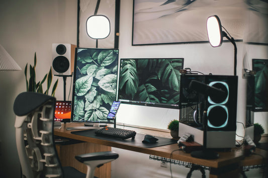 Kansoki walnut wooden monitor stand in a dual-monitor setup, elevating screens for ergonomic calm and Japandi-inspired style