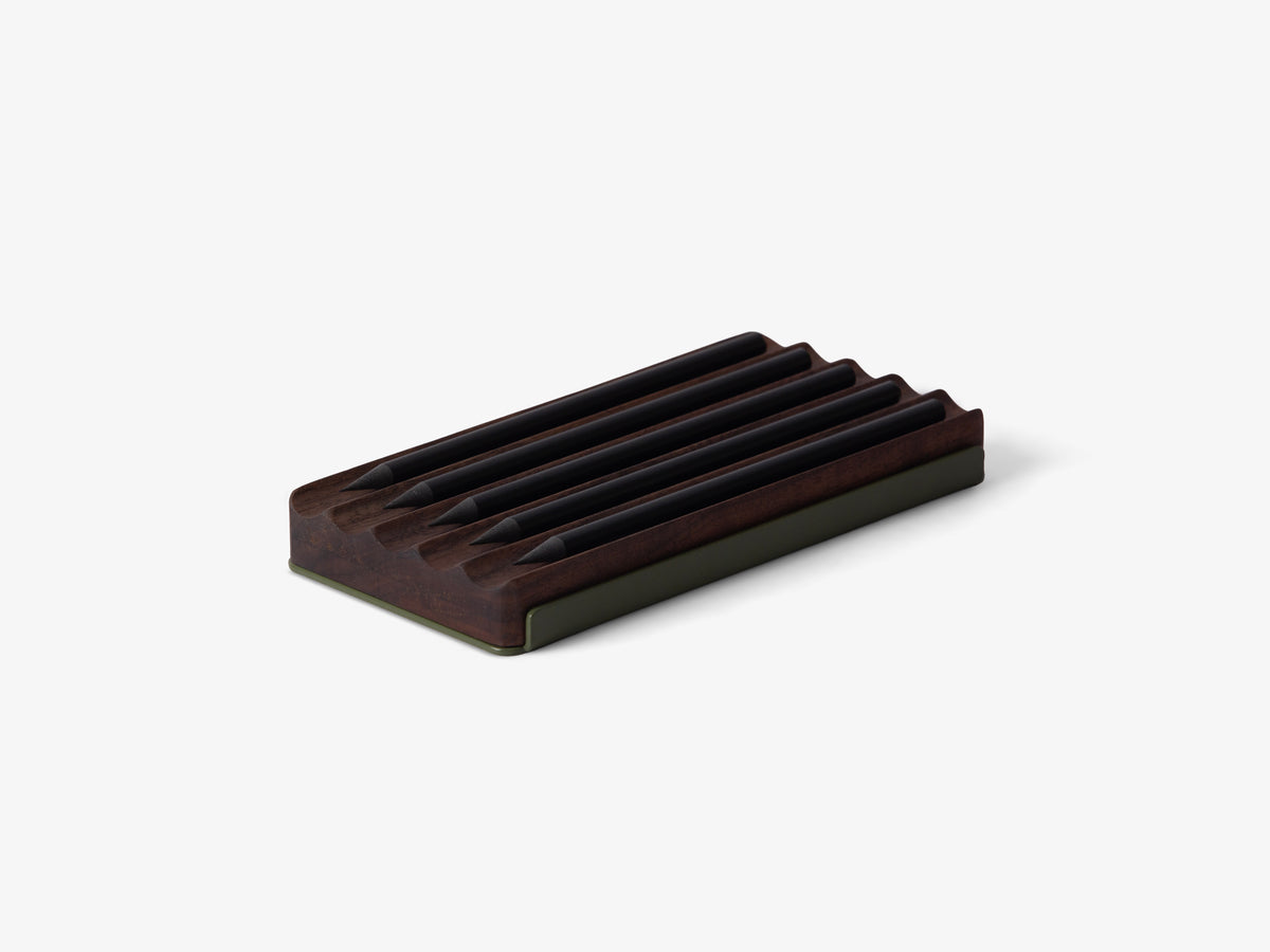 Natural Walnut | Sage Green Metal | Pen tray side shot on white background
