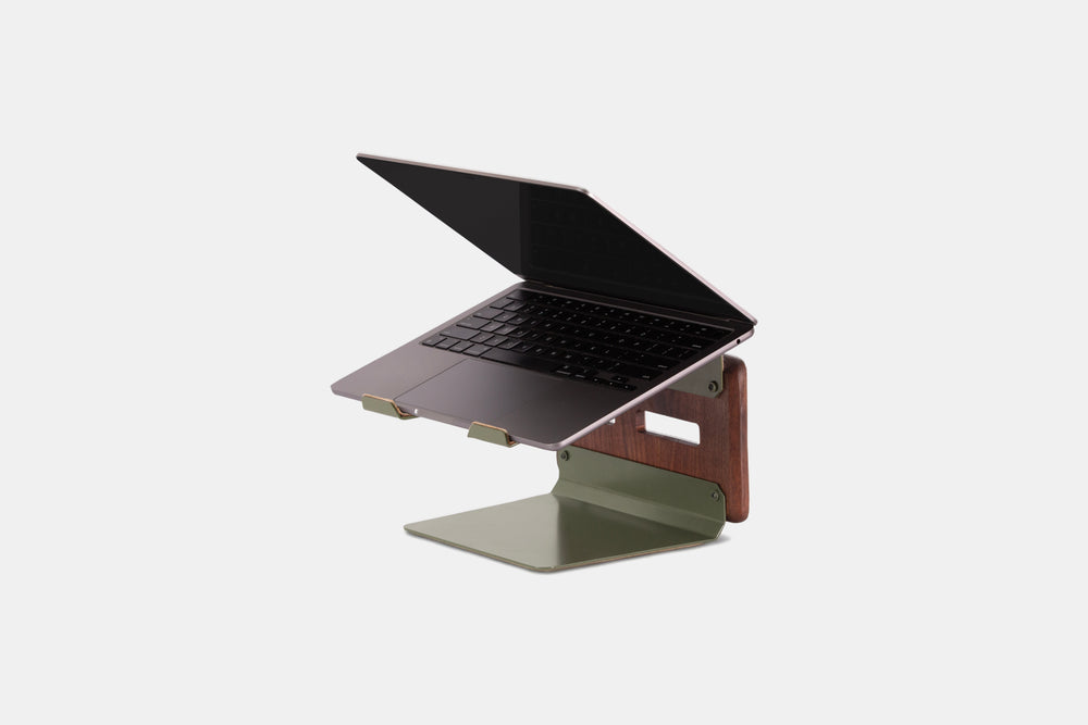 Natural Walnut| Sage Green Metal | Tower Wooden  laptop stand – Side Angle shot in white Background