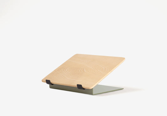 Natural Ash | Sage Green Metal | wooden laptop stand – side hero shot on white background
