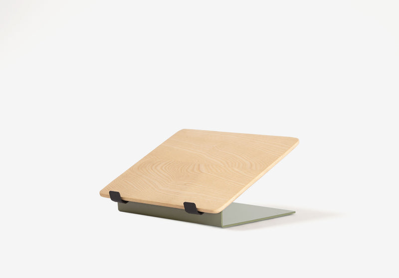 Natural Ash | Sage Green Metal | wooden laptop stand – side hero shot on white background