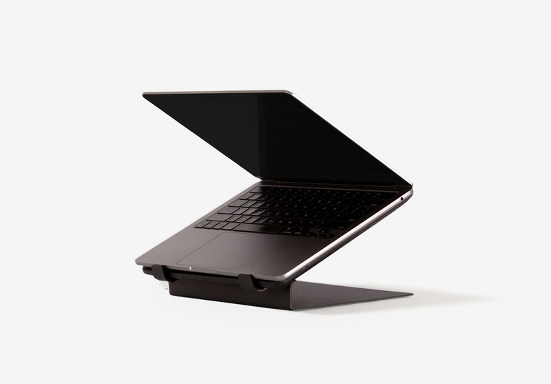 Black Ash | Black Metal | wooden laptop stand – front hero shot in white Background
