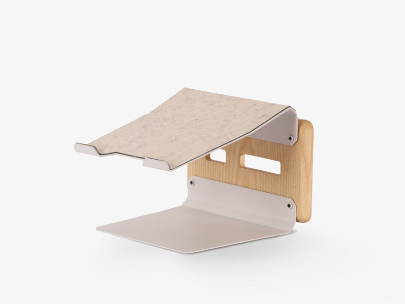 Natural Ash | White Metal | wooden laptop stand – Tower side hero shot  on white background