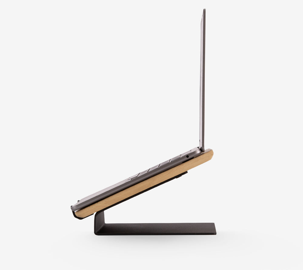NaturalAsh| BlackMetal | wooden laptop stand – front hero shot in white Background