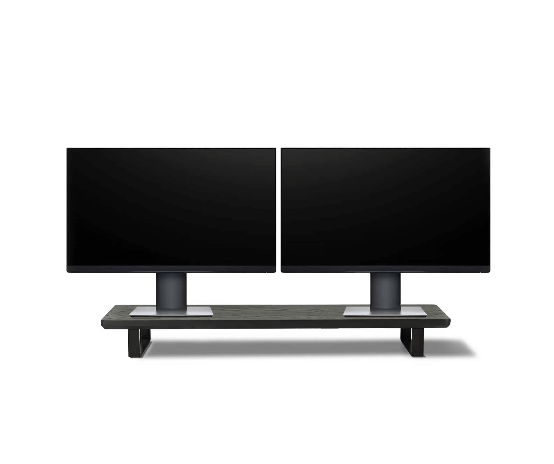 Black Wooden  Desktop riser with two wide screen monitors place on top