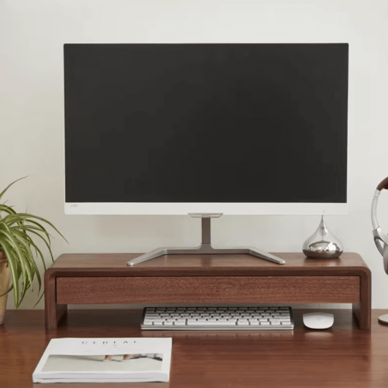 Classic pro monitor stand with a computer setup on a desk. Front view, ergonomic monitor stand for desk,