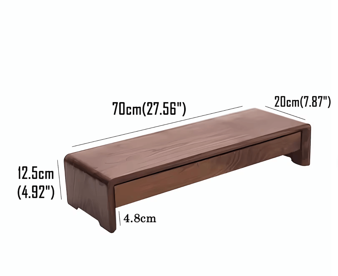Wooden monitor stand dimensions labeled on a white background