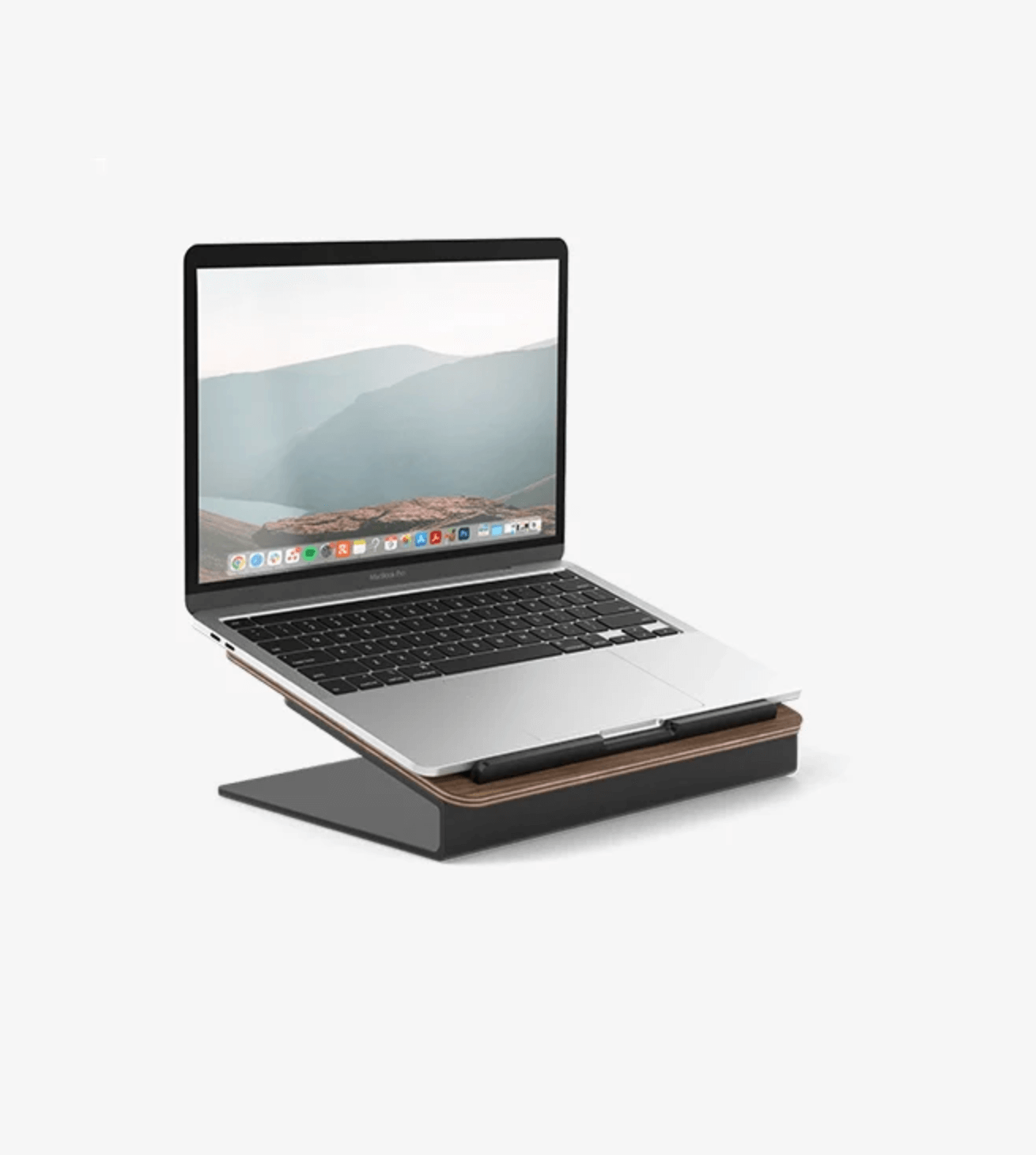 MacBook on Kansoki wooden laptop stand with black metal base, ergonomic desk accessory for comfortable viewing
