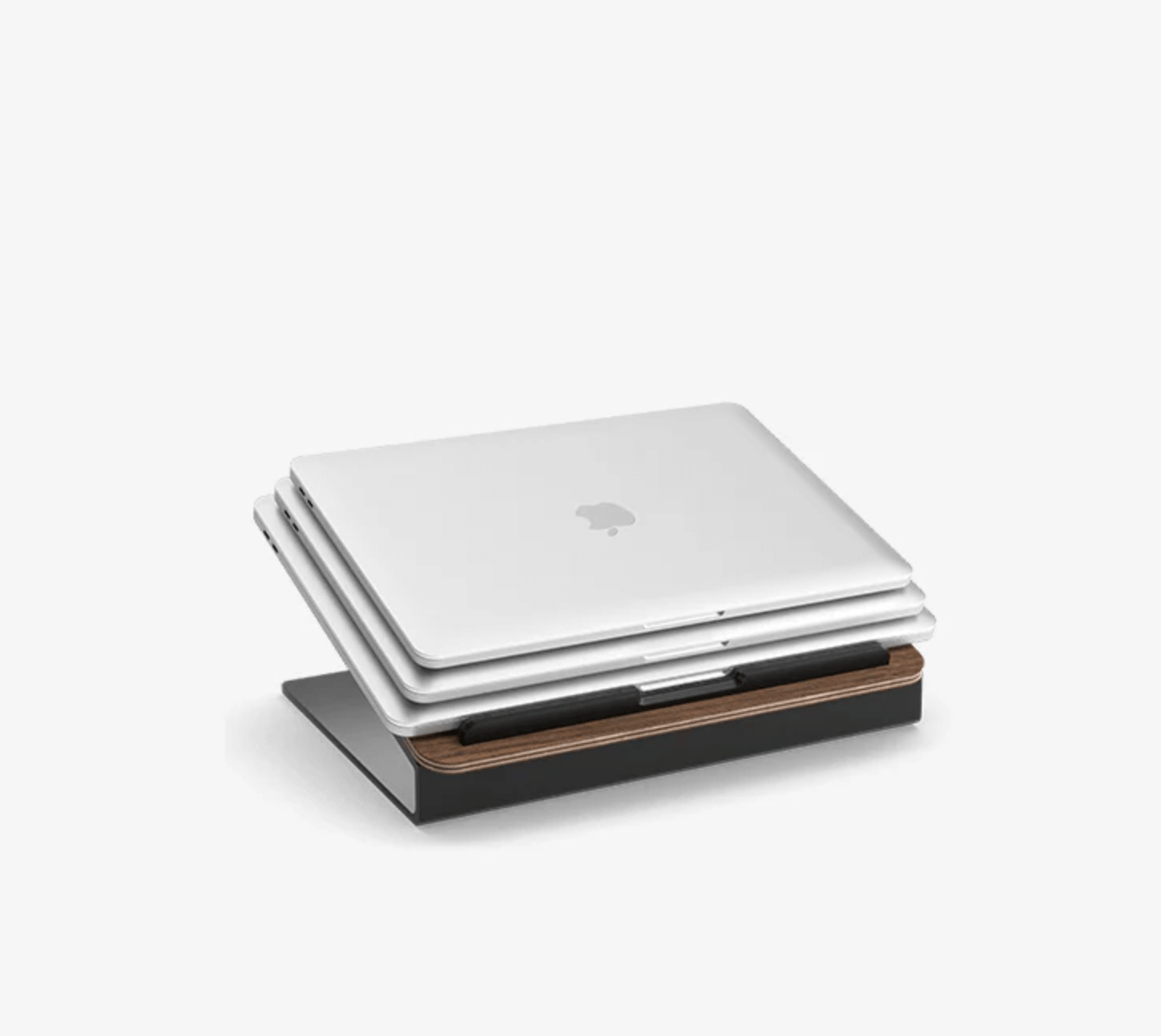 Kansoki laptop stand demonstrating compatibility with different laptop sizes, wooden top and black metal base