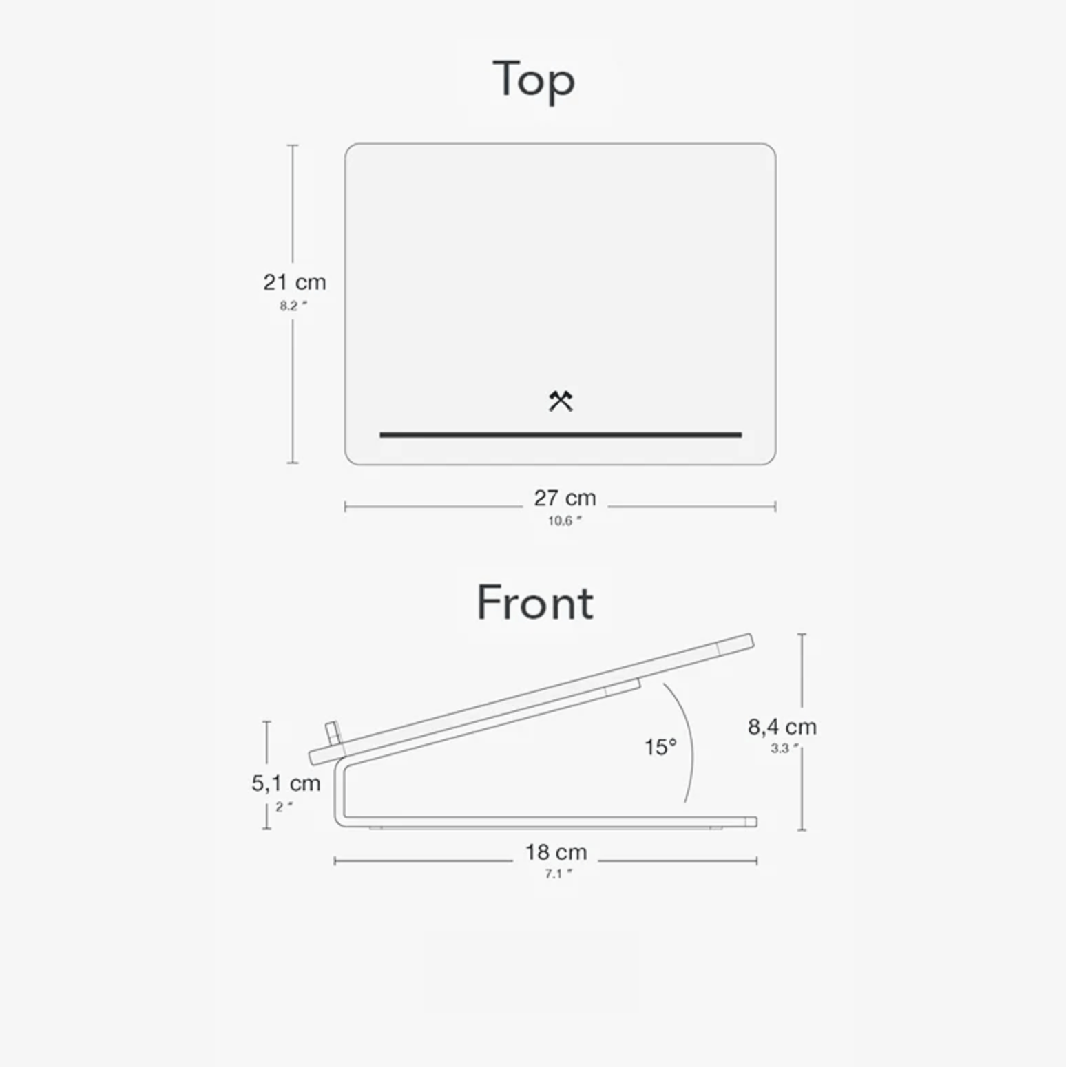 Technical drawing showing Kansoki laptop stand dimensions and 15° tilt angle.