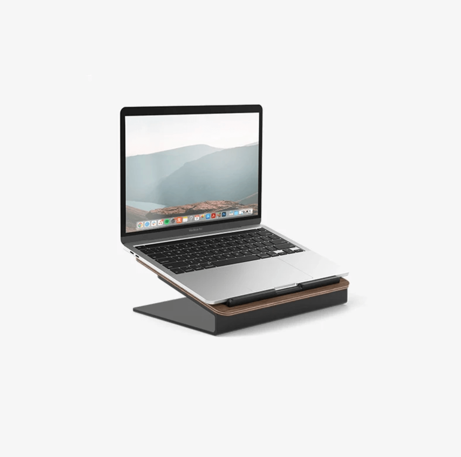 Minimal wooden laptop stand with steel base, designed for desk organisation