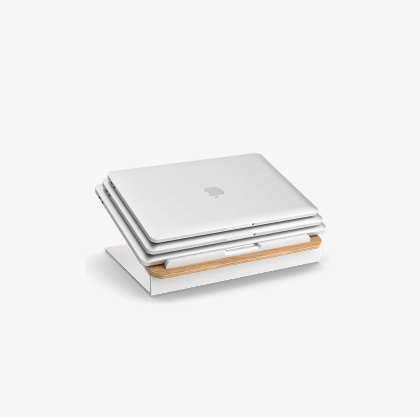 Premium wooden and metal laptop stand displayed with stacked laptops to demonstrate compatibility with various sizes