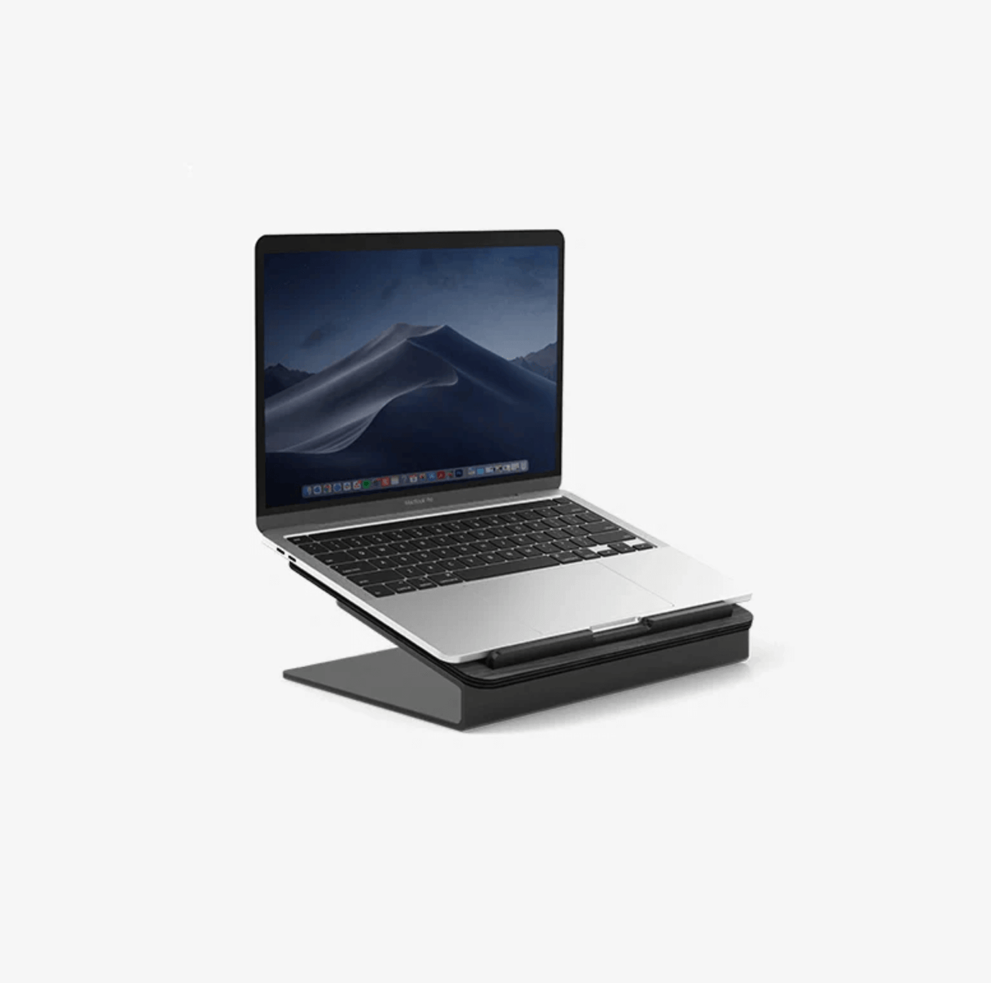 black classic laptop stand with a white background, a laptop on laptop riser, ergonomic laptop stand,