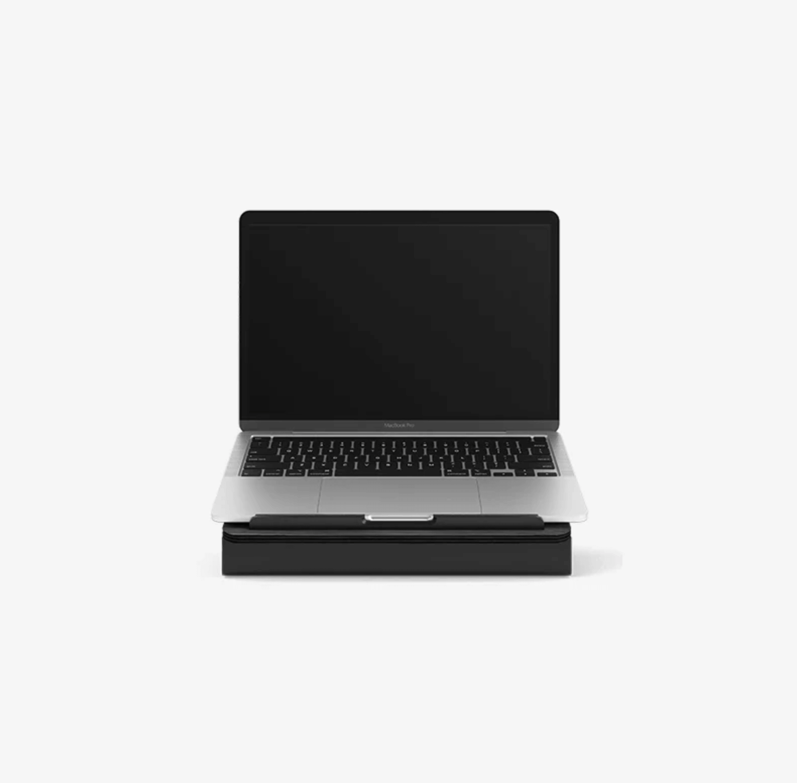 Laptop on a black laptop stand with a white background, black laptop riser,
