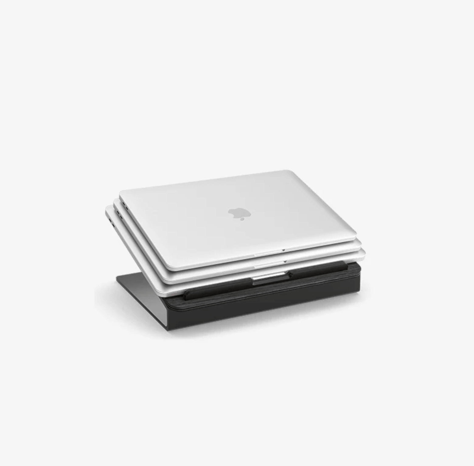 Silver laptop on a black ergonomic laptop stand, classic laptop stand,