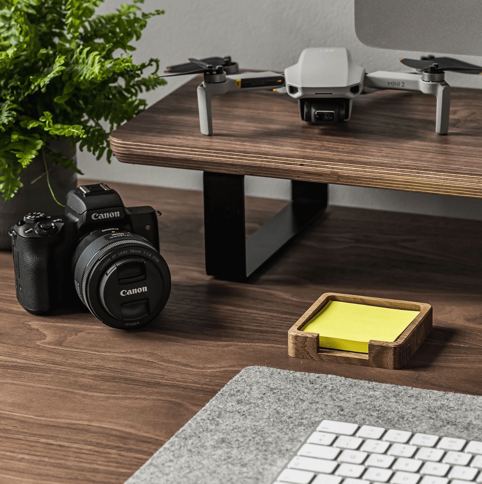 Walnut Monitoe Stand side angle shot with accessories Around