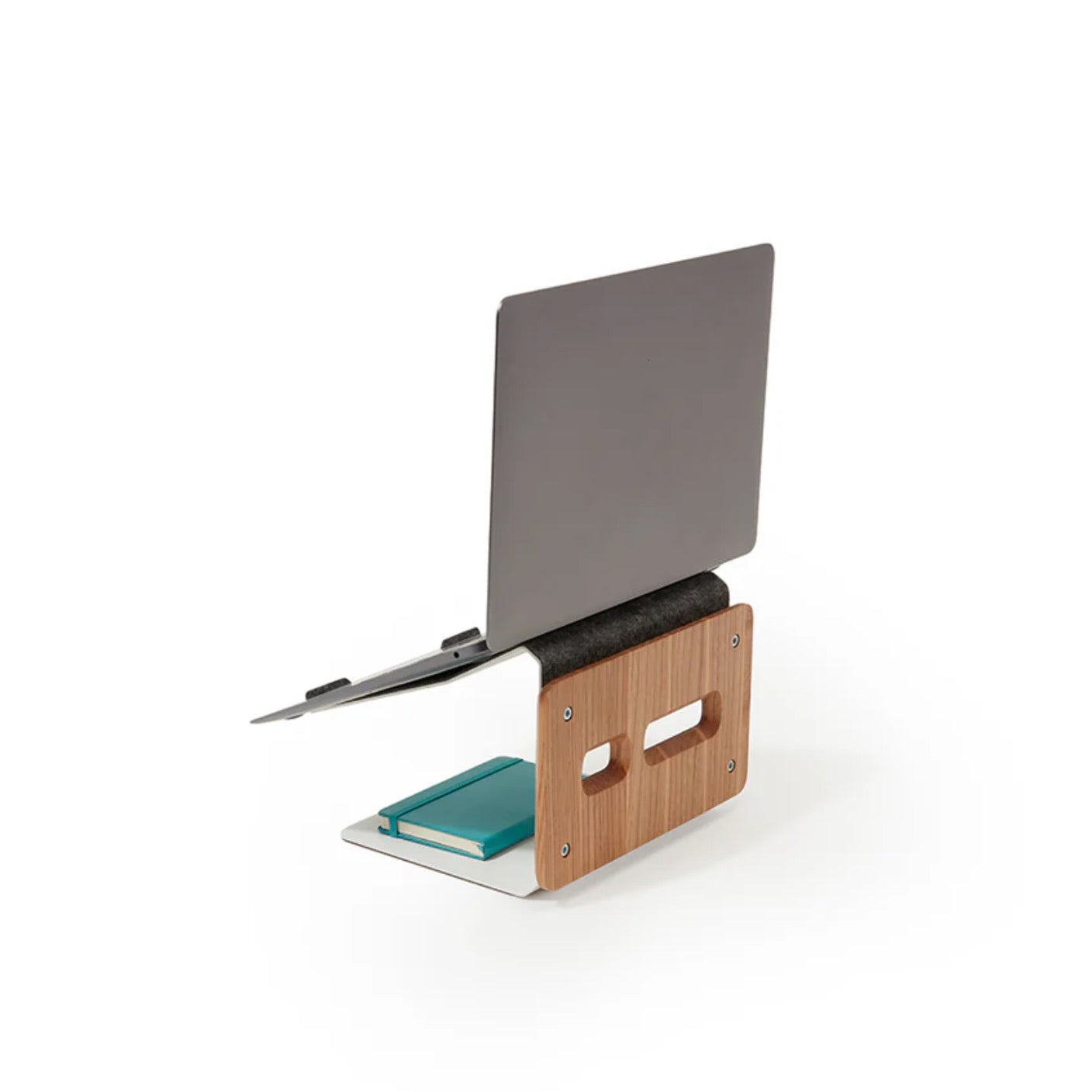 Ergonomic laptop wooden stand with felt surface and metal frame for modern desk setup