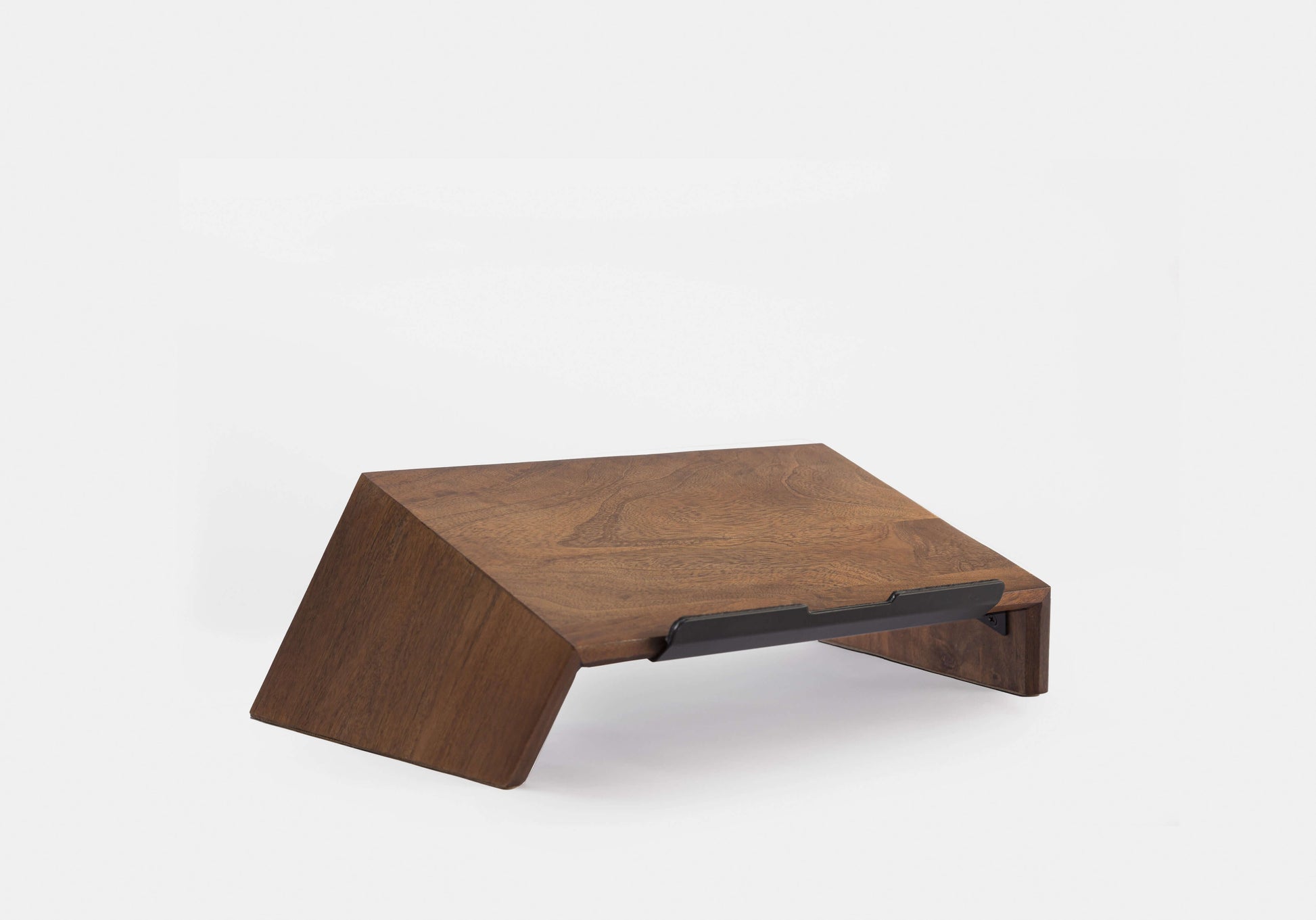 Smoked Walnut | wooden laptop stand – side view showing ergonomic 10‑degree tilt
